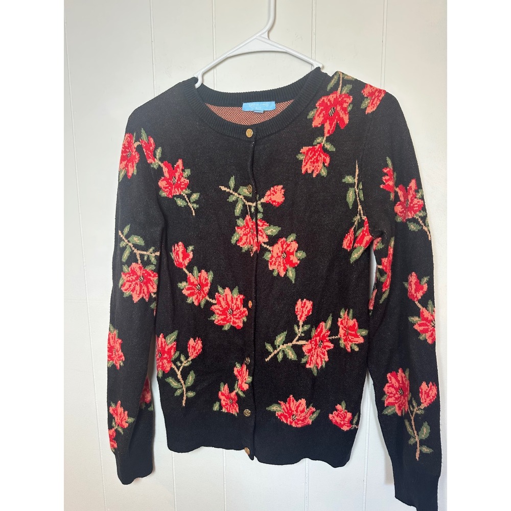 Draper‎ James RSVP Black Floral Button Front Cardigan Sweater Women's Size Small